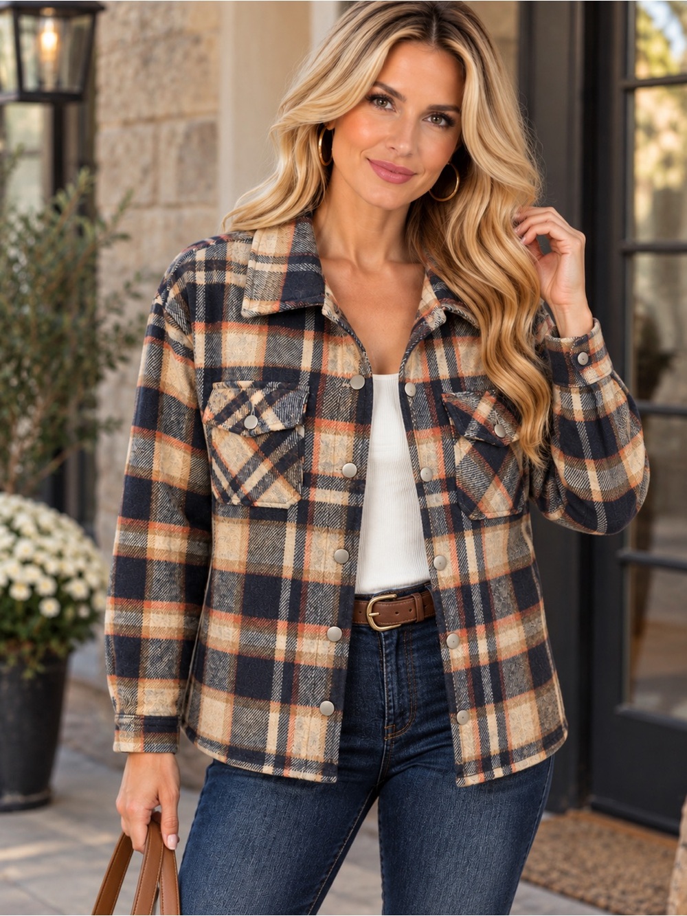 Plaid Soft Brushed Shacket Button Front Chest Pockets